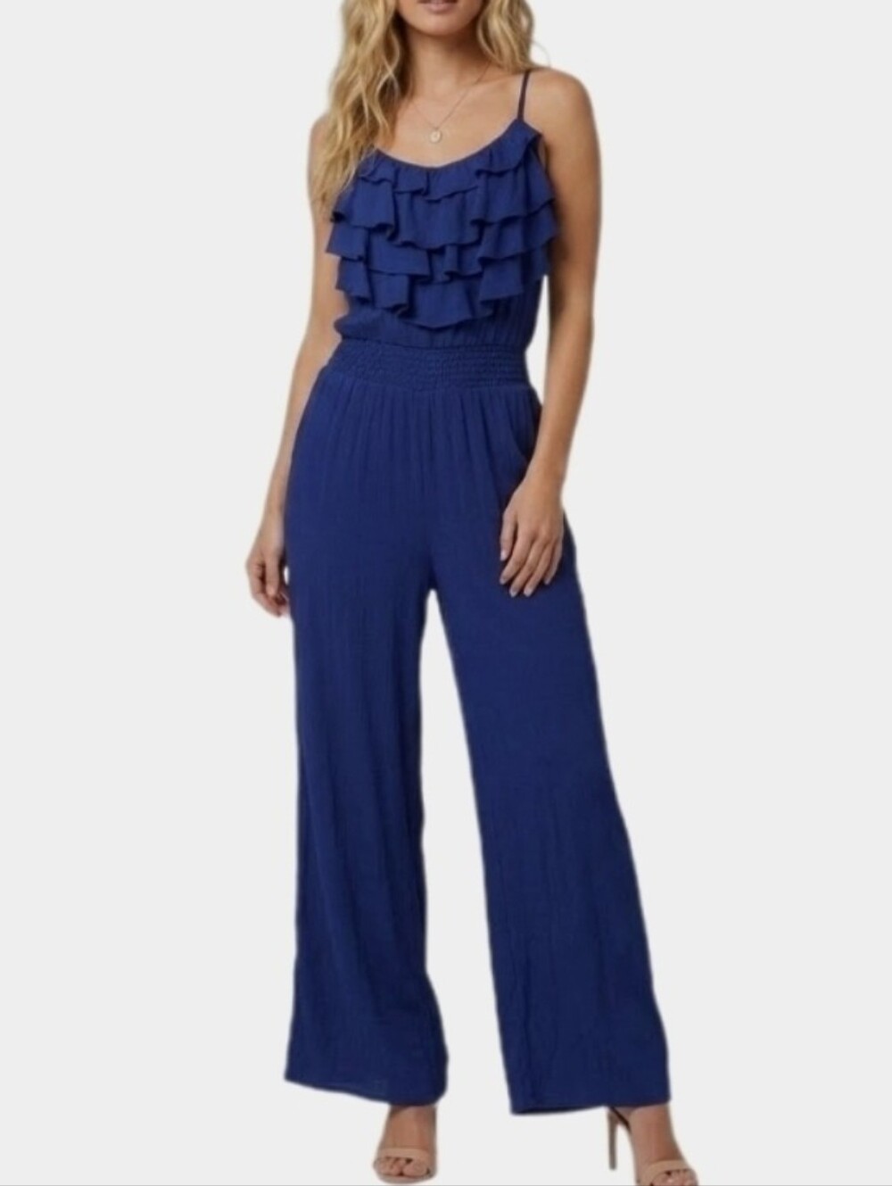 Toxik3 Jumpsuit Ruffled Tiered Bodice Sleeveless Blue Size L